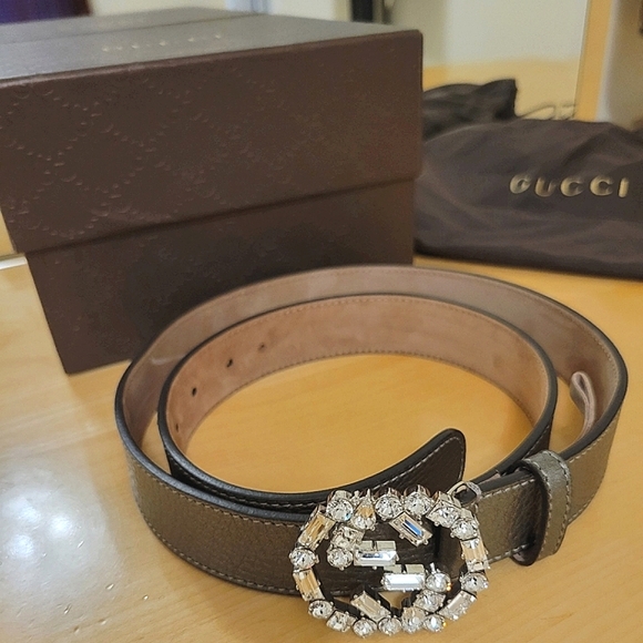 Gucci Accessories - GUCCI (354381) GREY LEATHER BELT CRYSTALS BUCKLE